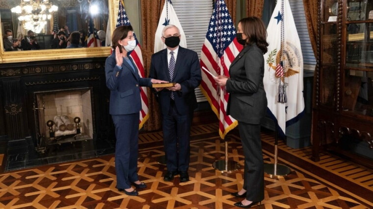 Accompanied by Sen. Jack Reed (D-RI), Gina Raimondo was sworn in as secretary of commerce on March 3 by Vice President Kamala Harris.