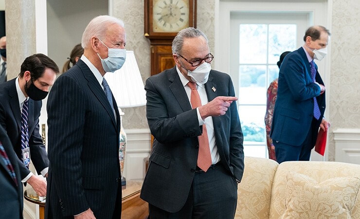 President Biden and Senate Majority Leader Chuck Schumer in the Oval Office earlier this month. (Image credit – The White House)