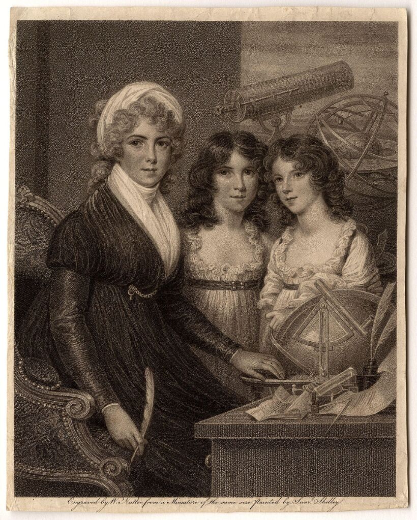 Black and white engraving of a woman with curly lighter hair (left) and two younger women with darker curly hair. Telescope in background.