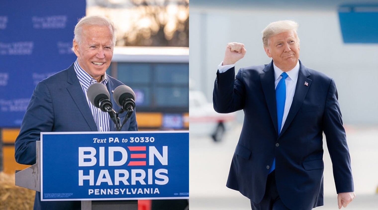 Left: Democratic presidential candidate Joe Biden speaking at a campaign rally in Pennsylvania on Oct. 24. Right: President Donald Trump arriving in South Carolina for a rally on Oct. 15.