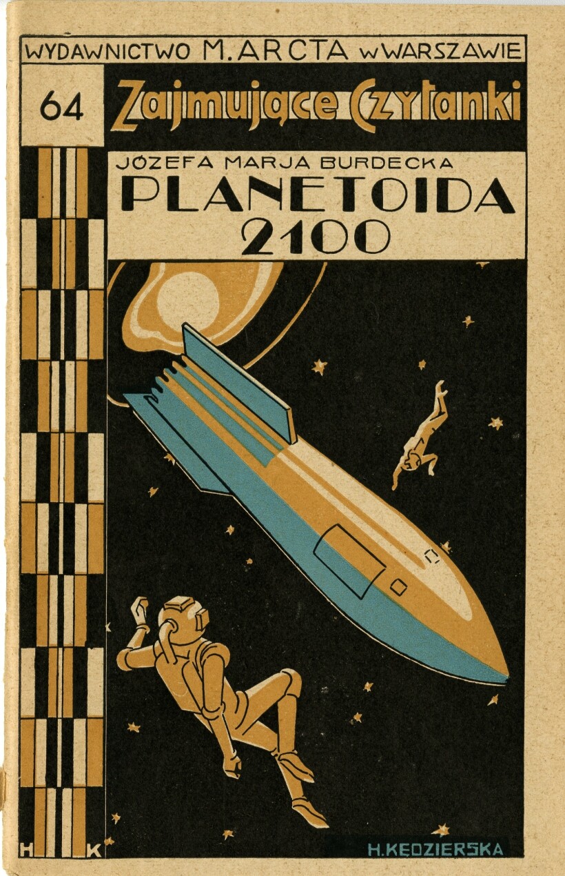 Three color art deco cover featuring two figures outside of a spacecraft in space