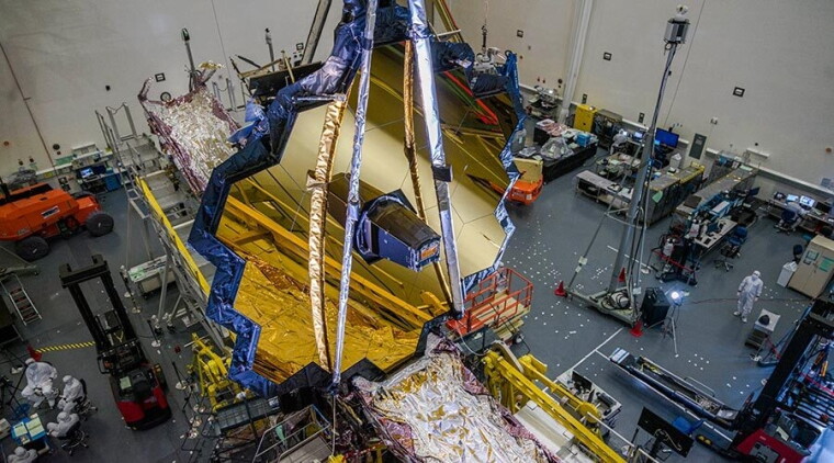 The James Webb Space Telescope in the clean room at prime contractor Northrop Grumman’s testing facility in Redondo Beach, California.