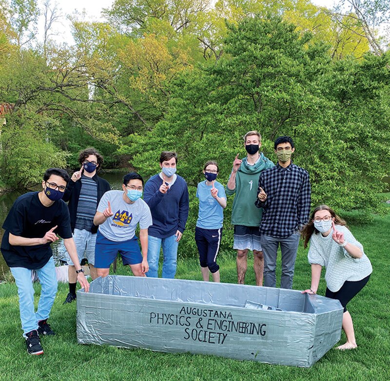 Members of Augustana College's SPS chapter, known as the Physics and Engineering Society (A.P.E.S.), celebrate taking first place in the 2021 Regatta. Photo courtesy of the chapter.