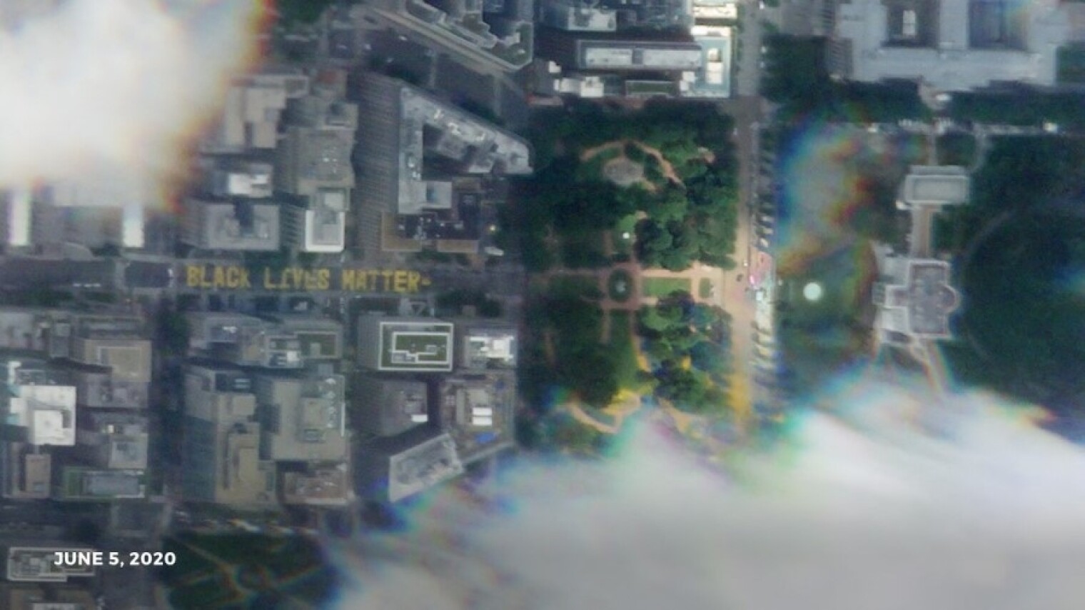 Satellite imagery of the words “Black Lives Matter,” which the city of Washington, D.C. directed to be painted on 16th Street NW near the White House, amid nationwide protests against police brutality.