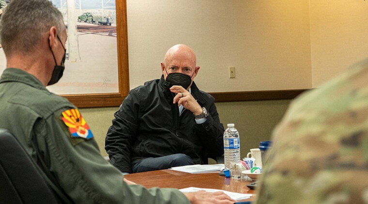 Sen. Mark Kelly (D-AZ) on a visit last week to Luke Air Force Base.