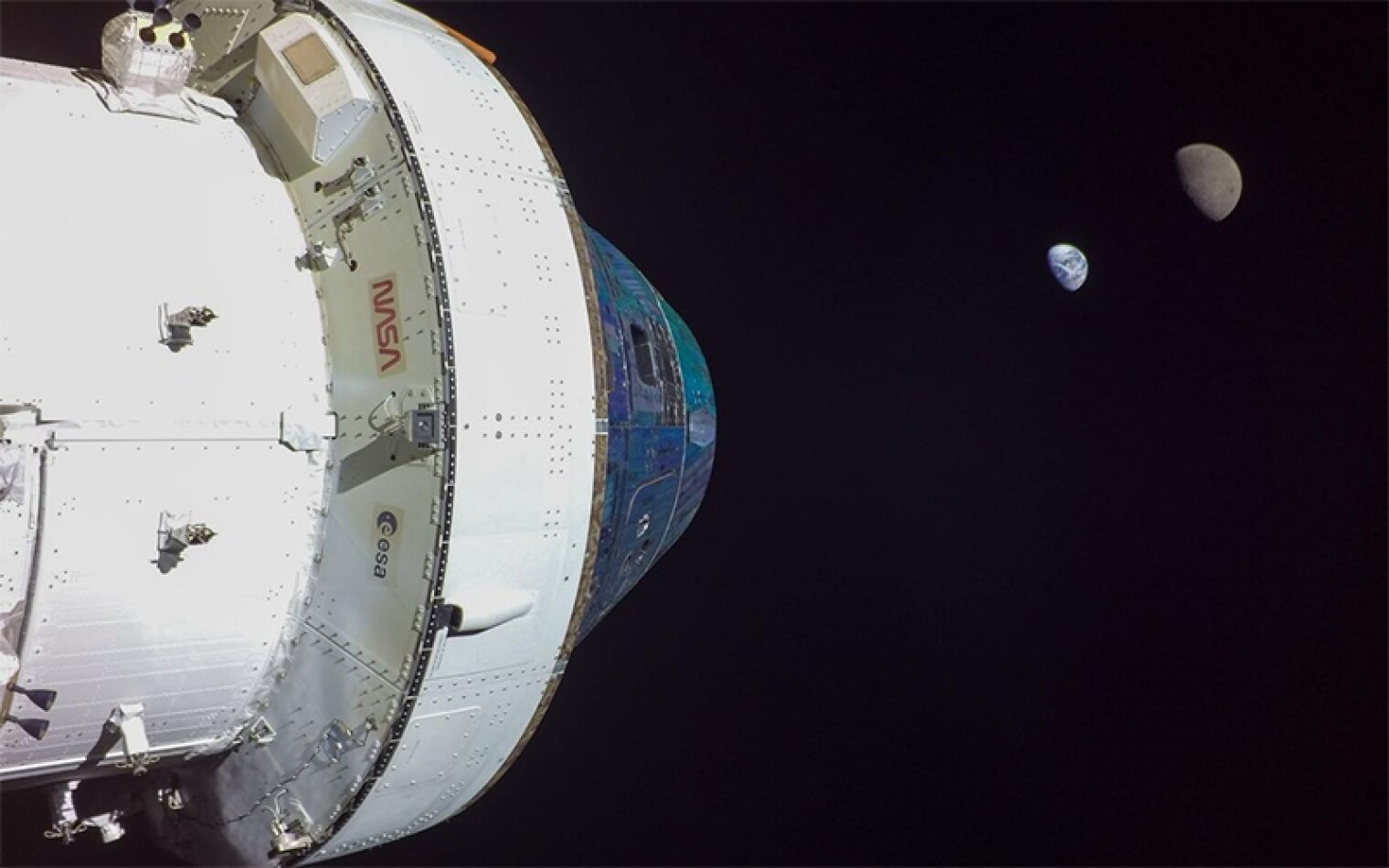 An image taken by a camera mounted aboard the Artemis I Orion crew vehicle as it reached its greatest distance from Earth.
