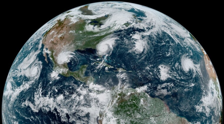 A chain of tropical cyclones imaged in 2019 by a geostationary weather satellite.