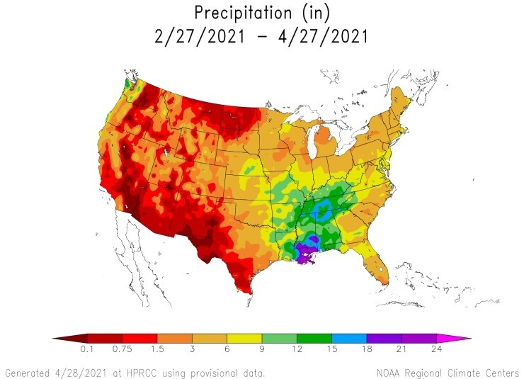 Map showing precipitation in inches for the last 60 days over the continental U.S.