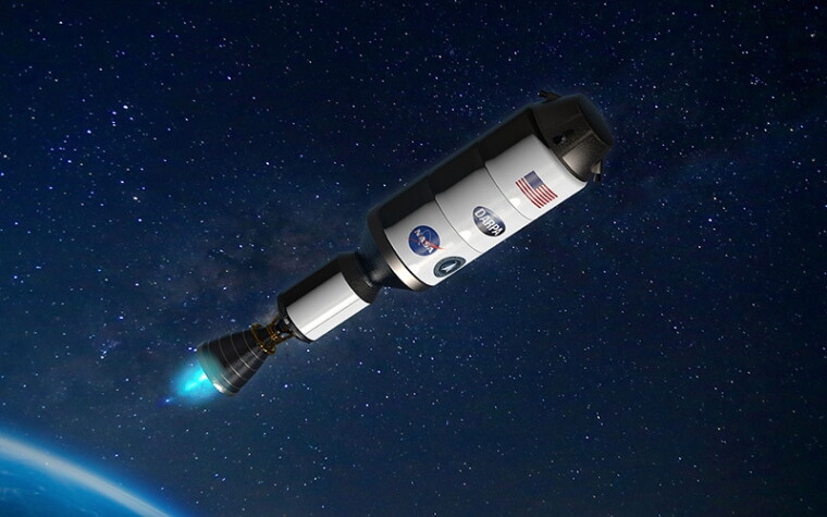 A conceptual illustration of a rocket with a nuclear thermal propulsion system.