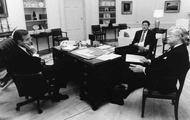 President George H. W. Bush with science advisor David Allan Bromley