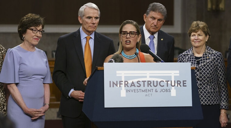 Sen. Kyrsten Sinema (D-AZ) speaks at a July 28 press conference on the Senate's bipartisan infrastructure bill.