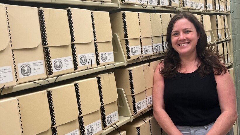Melanie Rinehart with Garwin papers at American Philosophical Society