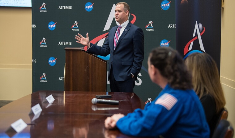 NASA Administrator Jim Bridenstine speaking at a briefing on NASA’s accelerated lunar landing program for the Congressional Caucus for Women’s Issues. Bridenstine often says the program will send “the first woman and the next man” to the Moon.