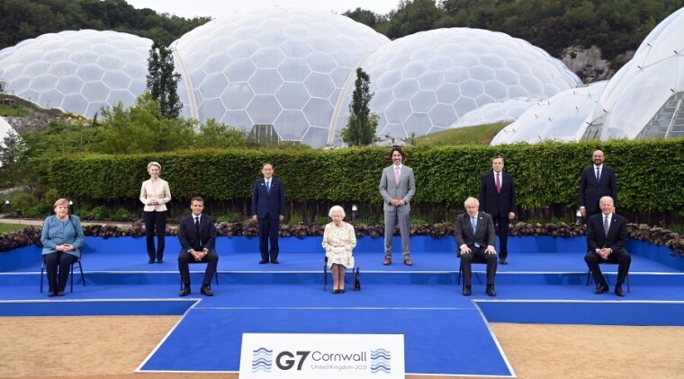 Leaders of the G7 countries and Queen Elizabeth II pictured in Cornwall, U.K., at the Eden Project, an environmental education center