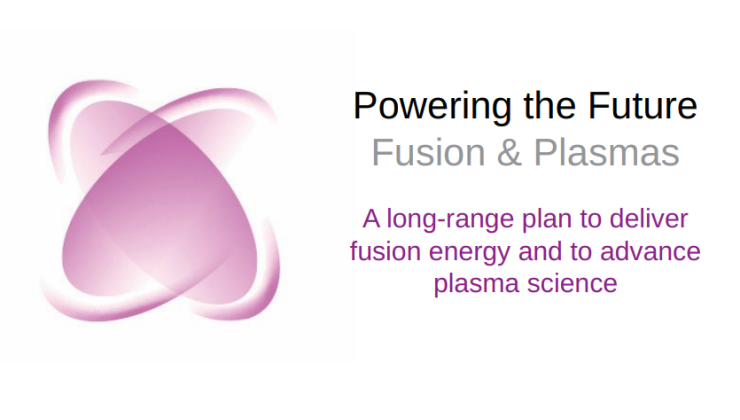 The long range plan logo, a stylized pink atom, and the text "Powering the Future Fusion & Plasmas: A long-range plan to deliver fusion energy and to advance plasma science"