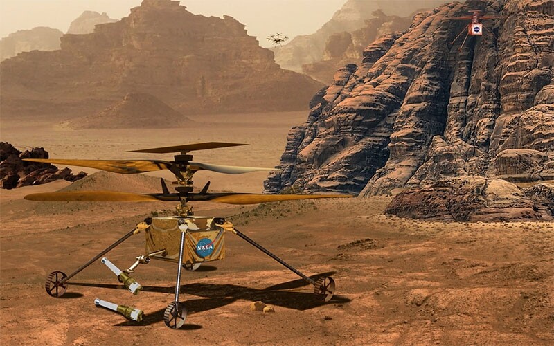 A concept illustration for a helicopter to be included on the Mars Sample Return mission.