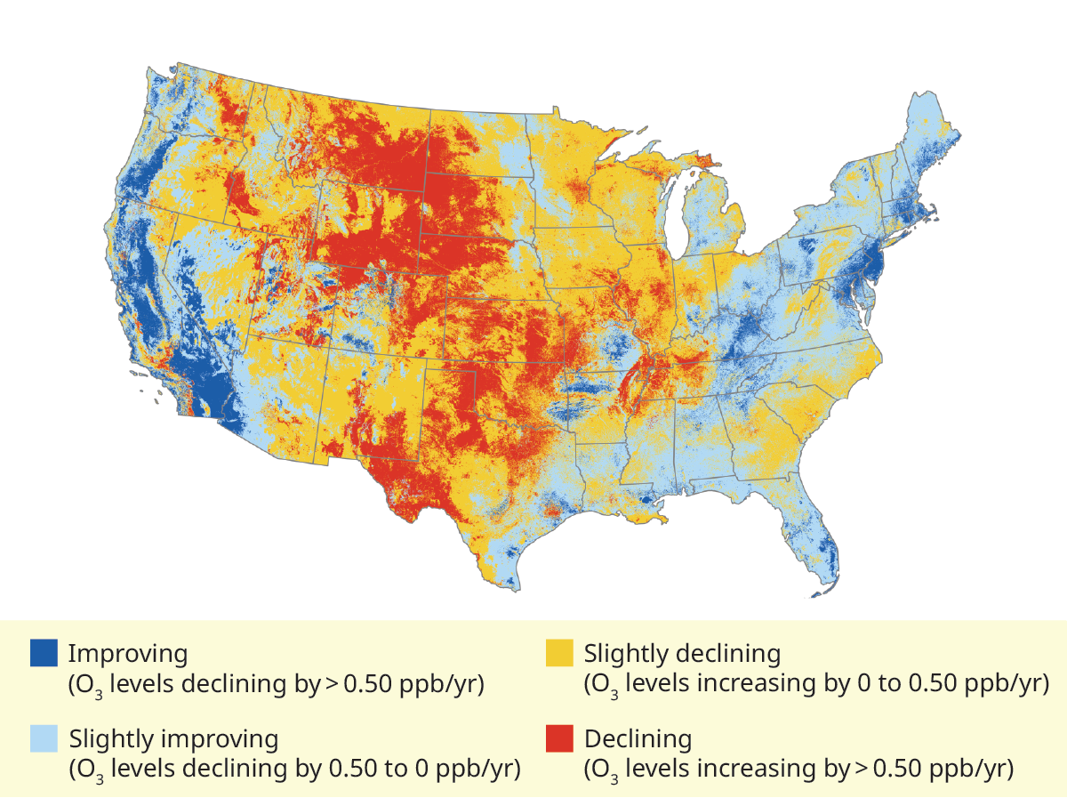 A map of the US is color coded to depict levels of air quality in relation to ozone levels. Regions in dark and light blue (such as the far West Coast and East Coast) have improving air quality, and regions in yellow and red (the west and Midwest) have declining air quality.